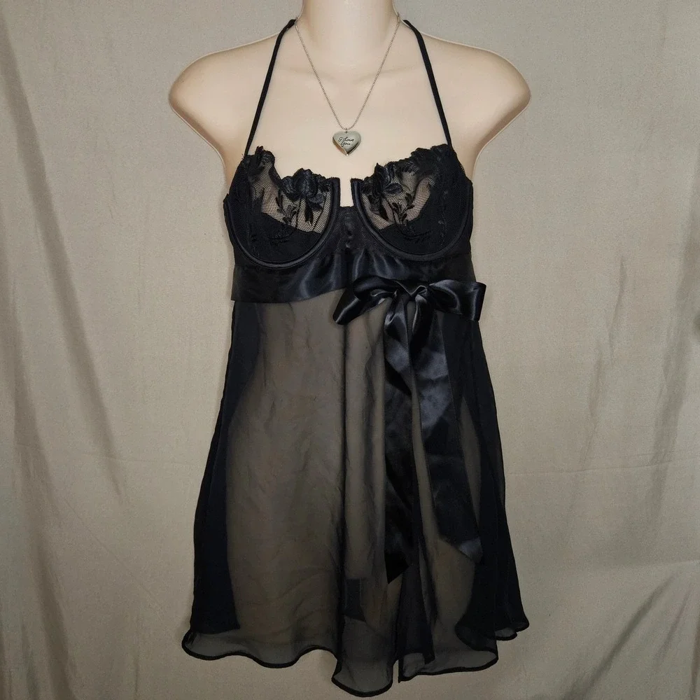 Victoria's Secret‎ Very Sexy Black Lace Halter Babydoll Lingerie 34C